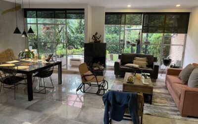 title Three Level El Poblado Townhome Just Steps From El Tesoro With Multiple Balconies and Lush Green Backyard Patio Space